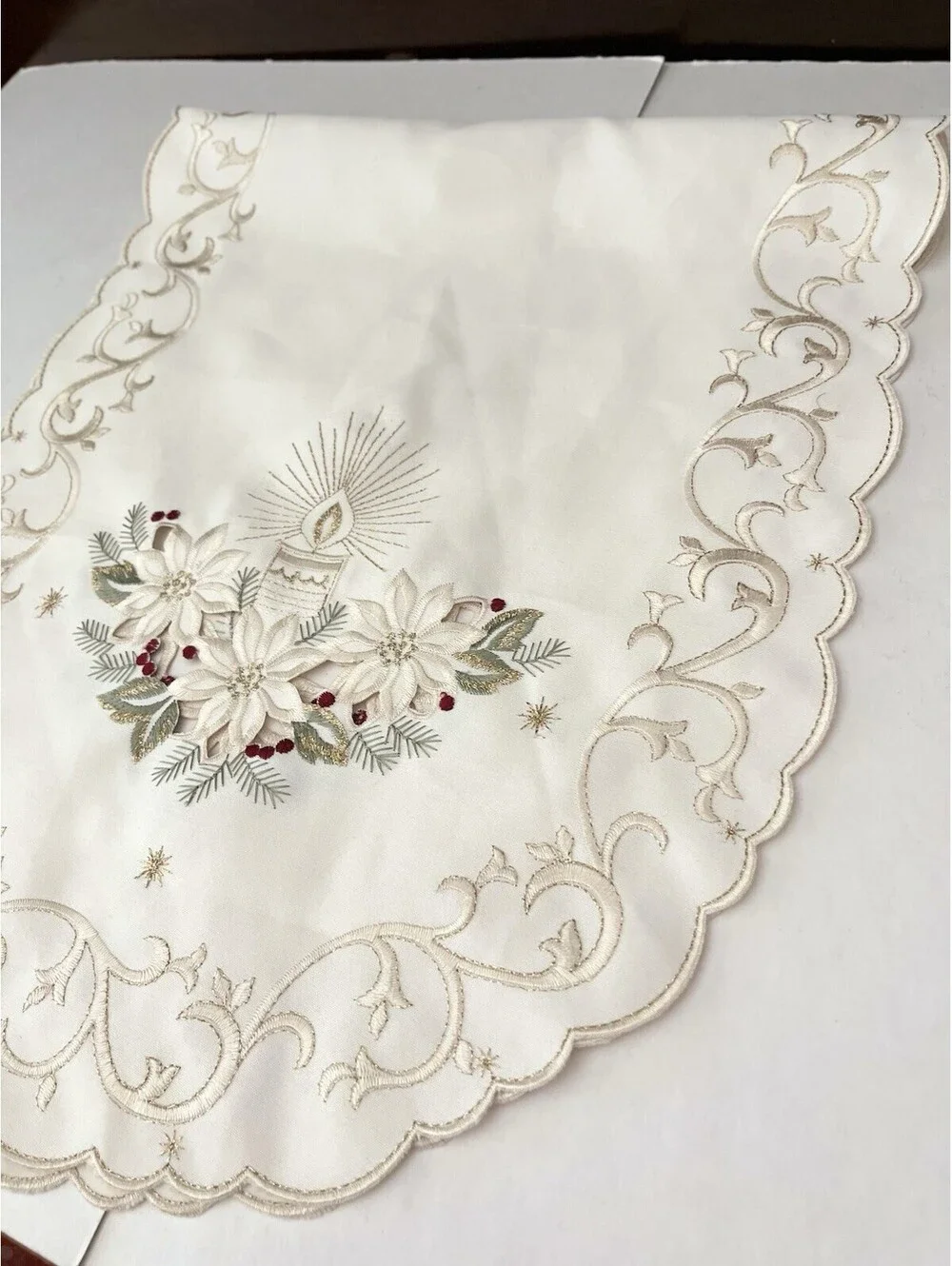 Vintage Table Runner Embroidered With Beautiful Gold Thread Candle Flower 34x14
